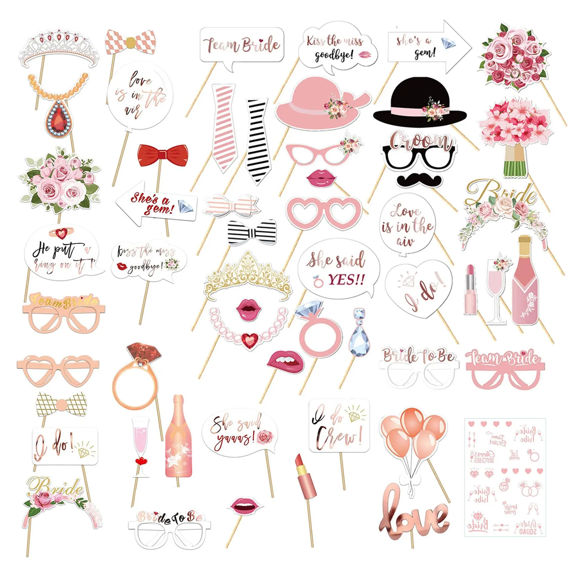 2026 Viral Bride to Be Photo Booth Props, 56PCS Rose Gold Hen Bachelorette Party Kit, Team Bride Decorations, Bridal Shower Selfie Accessories, Wedding & Engagement Party Supplies