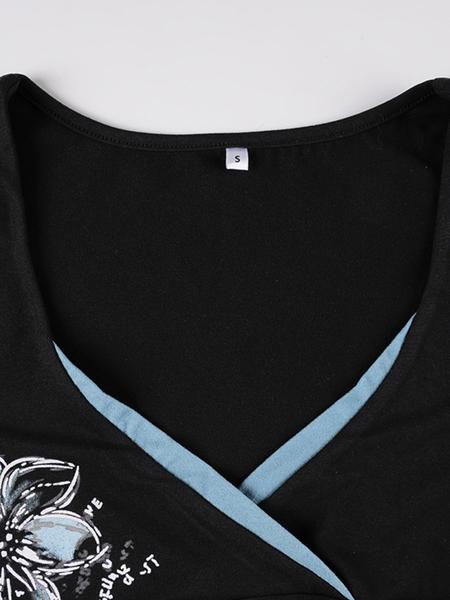 Vintage Floral Print Cross V Neck Slim Fit Long Sleeve T-Shirt for Women, Casual Fashion Top, Perfect for Daily Wear