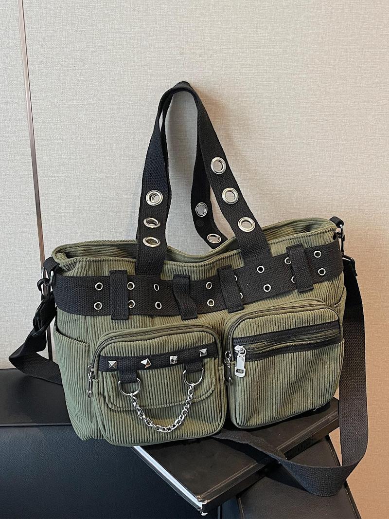 Punk Style Studded & Chain Decorated Crossbody Bag, Multi-pocket Shoulder Bag for Women, Casual Trendy Versatile High-quality Daily Commuting Bag