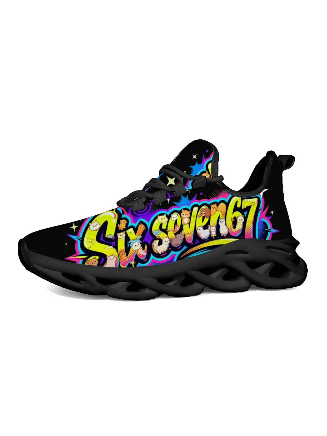 Men's Sixseven67 Cartoon Anime Sneakers, Unique Fashion Print, Vibrant Street Art Style, Classic Thick Sole, Trendy Night Light Party Shoes