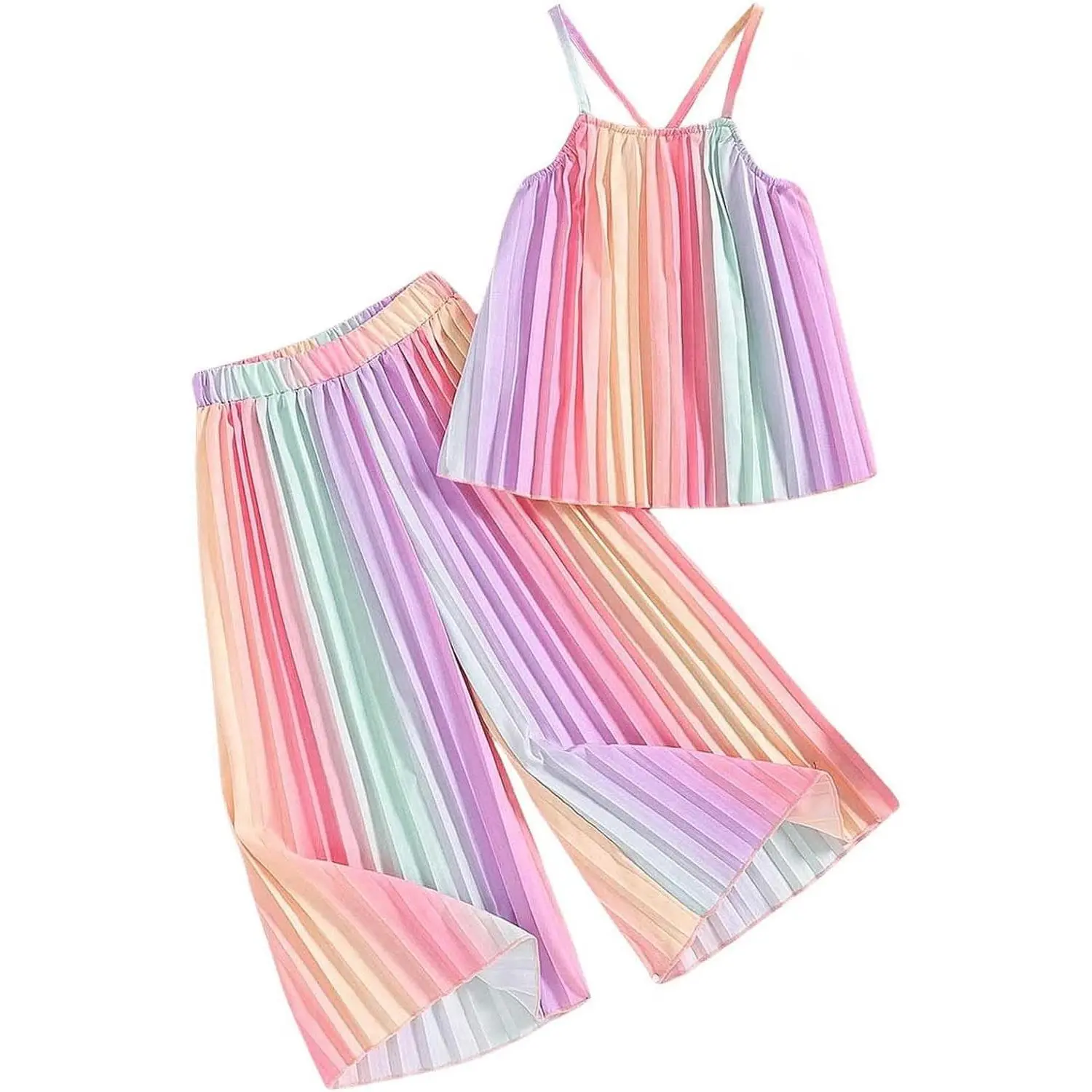 Girl's 2-Piece Casual Cotton Boho Outfits - Pleated Spaghetti Strap Camisole, Elastic Waist Wide Leg Pants Set