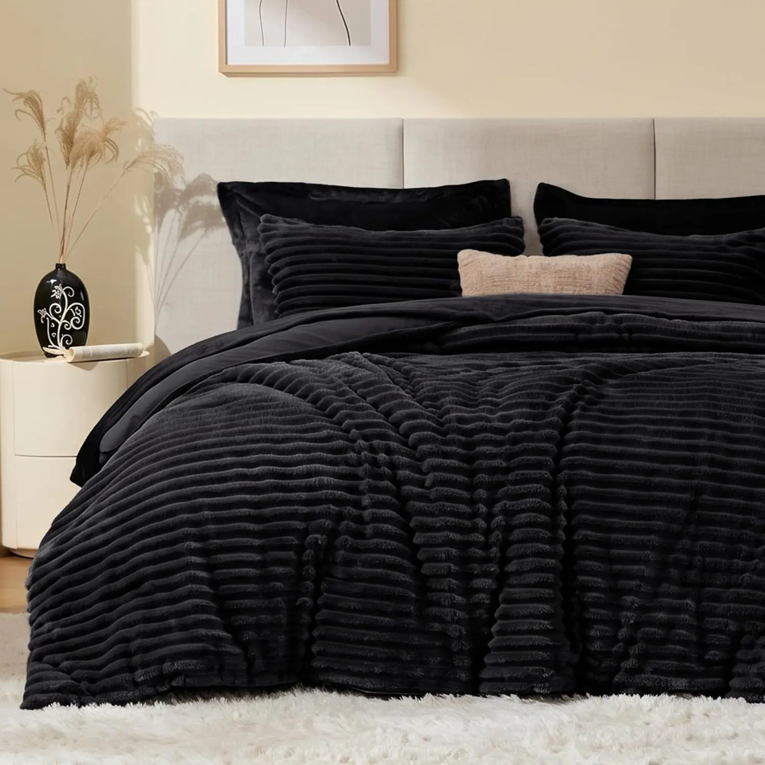 Fluffy Comforter Set Queen Size - Super Soft Faux Fur Stripe Jacquard Comforter 3 Pieces, Black Fleece Bedding Set,Winter Warm Bed Set,1 Comforter with 2 Pillowcases