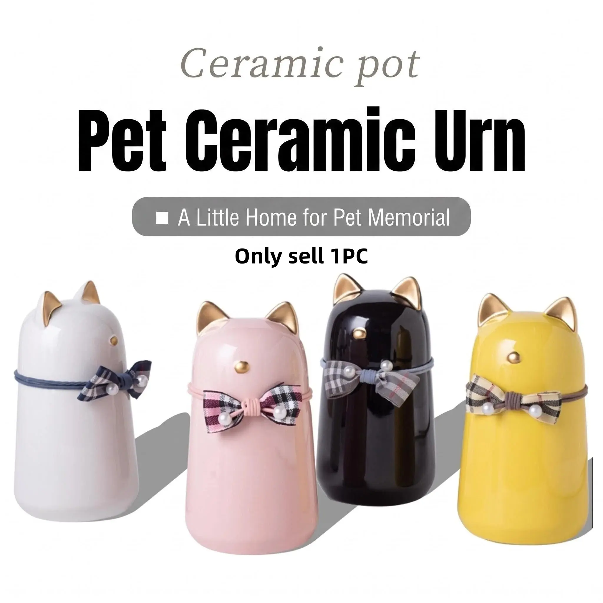 Handcrafted Ceramic Cat Urn for Ashes,Bow Tie Cat Shaped Funeral Memorial Keepsake,Pet Urn for Indoor & Outdoor Use