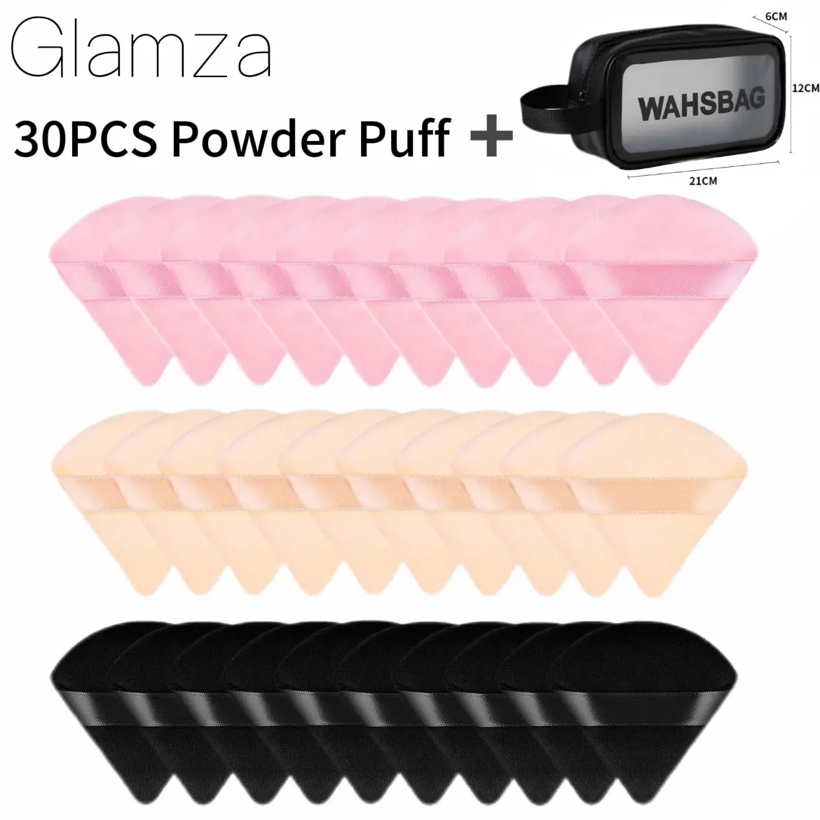 Glamza 30 PCS Velour Fabric Triangular Makeup Puffs Value-Pack - Multi-Colors (Pink, Beige, Black), Precise Tip, Smooth Blend, Hand-Wash Dry Bag, Travel Bag, Sensitive Skin-Safe for Foundation Application, Velour Puff