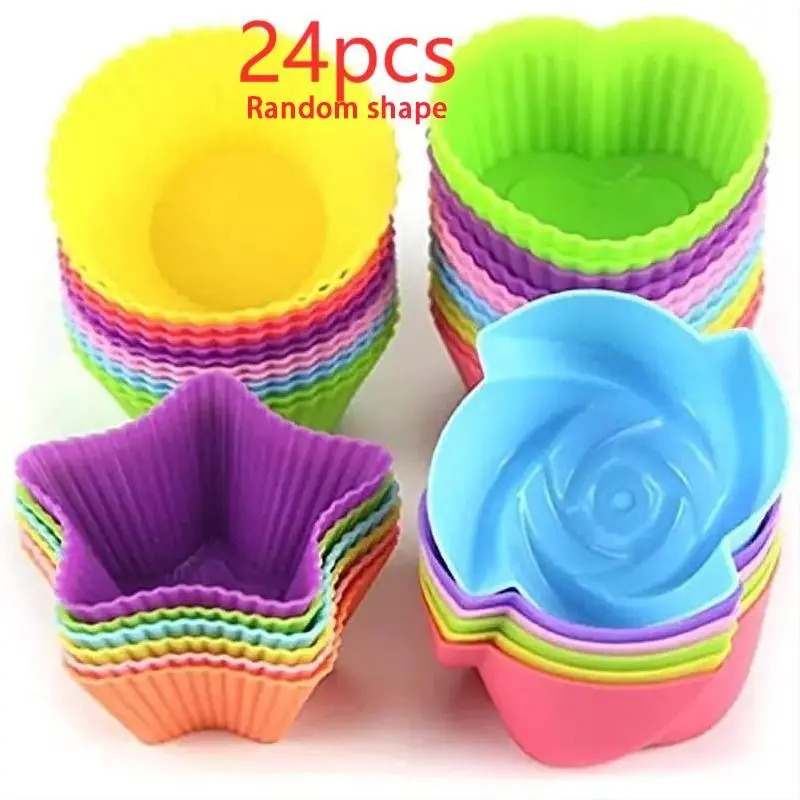 Random Color Multi-shape Silicone Muffin Cups, 24pcs Non-stick Reusable Muffin Cups Set, Molds For Baking, Round, Rose, Heart, Star Shaped Baking Moulds for Kitchen