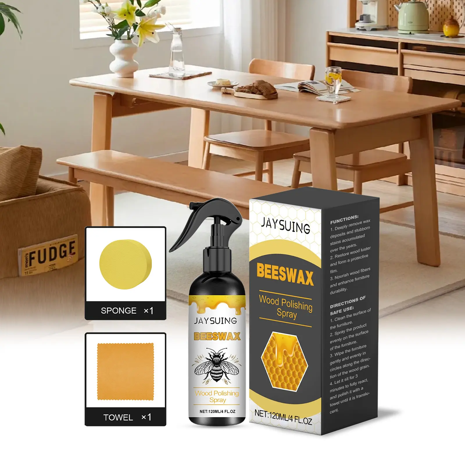 JAYSUING 120ml Scented Beeswax Wood Polishing Spray Set - Household Active Spray Polishes with Sponge, Towel, Amyl Acetate, Moisturizing Deep Cleaner Conditioner for Hardwood Floors, Cabinets (All Seasons)