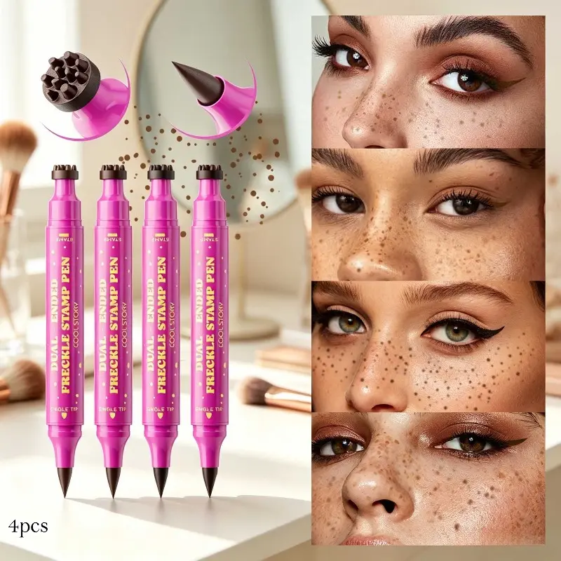 4pc Double-ended Freckle Makeup Pen, Fine Tip & Wide Tip Dual Use, Natural & Realistic Color Payoff, Sweatproof & Waterproof, Create Authentic Sun-kissed Freckle Look, All Day Wear