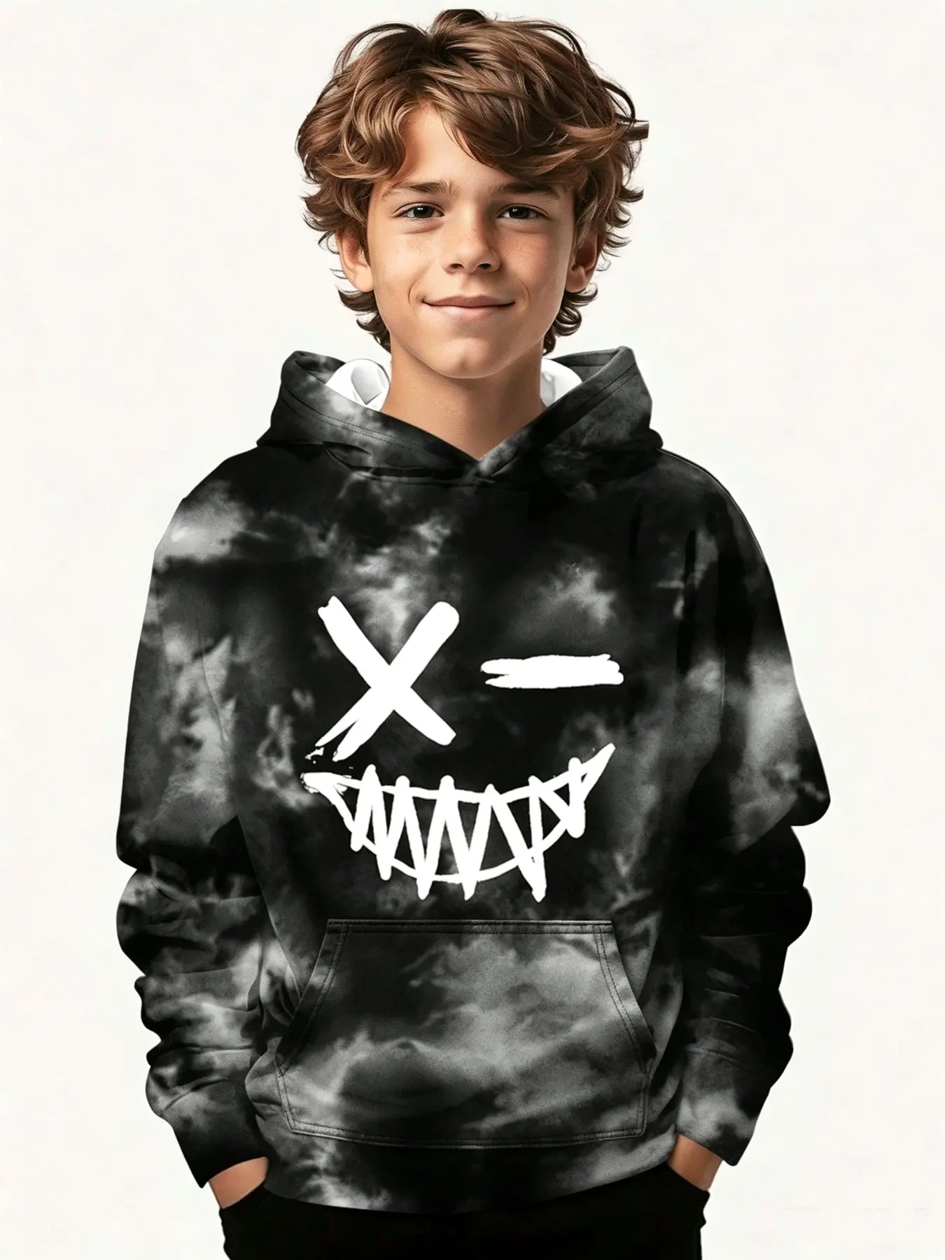 Long Sleeve Hooded Sweatshirt, Tie Dye, Weird Face Print, Casual Loose Fit, Fall Streetwear, Boys' Top