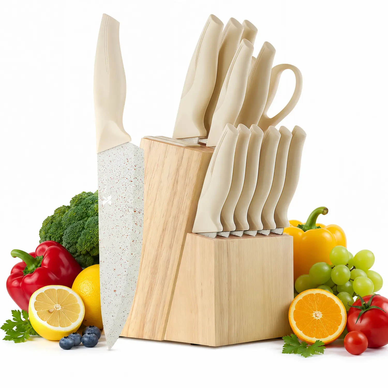 14-Piece Self-Sharpening Stainless Steel Kitchen Knife Set with Block - Home Kitchenware, ABS Anti-Slip Ergonomic Handle, Dishwasher Safe, Lux Cream Slicer for Cutting Tasks, Built-In Sharpener, Storage Solution