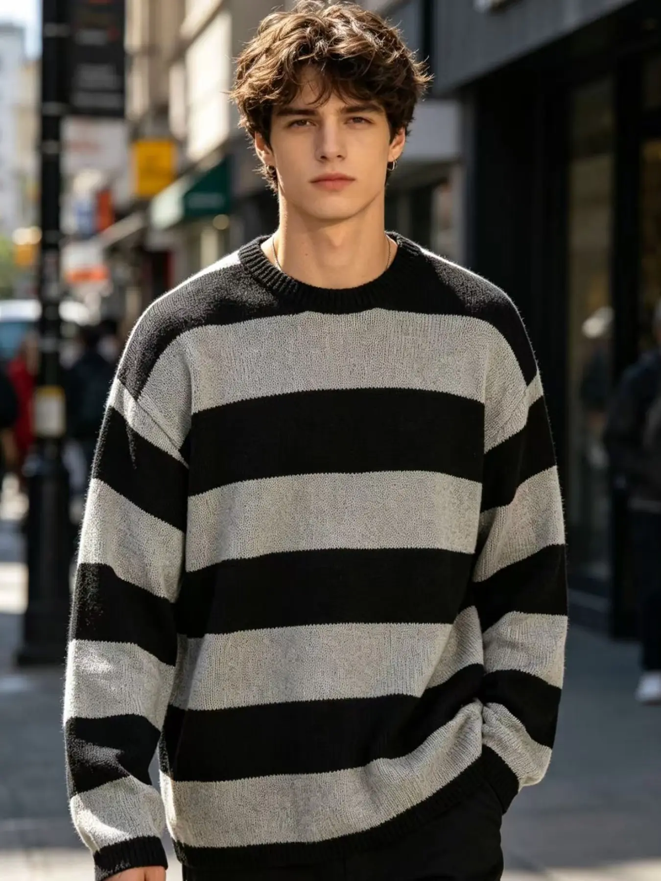 Fashion Casual Striped Loose Oversized Men's Knit Pullover, Comfortable and Stylish, Perfect for Daily Wear, Ideal for Layering, Versatile and Trendy, Knitwear