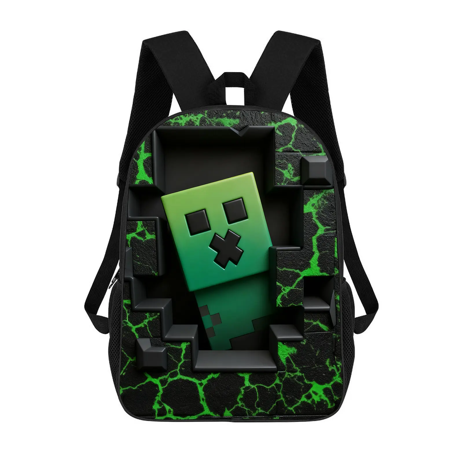 Minecraft Creeper Print Backpack for Kids, 1 Pcs Durable 600D Oxford Cloth Bag with Adjustable Strap, Breathable, Large Capacity for 15in Laptop, Unisex School/Travel Use