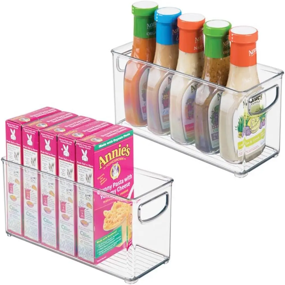 Plastic Stackable Pantry Bin - Storage Bin with Handles for Cabinets or Fridge - Set of 2 - Clear