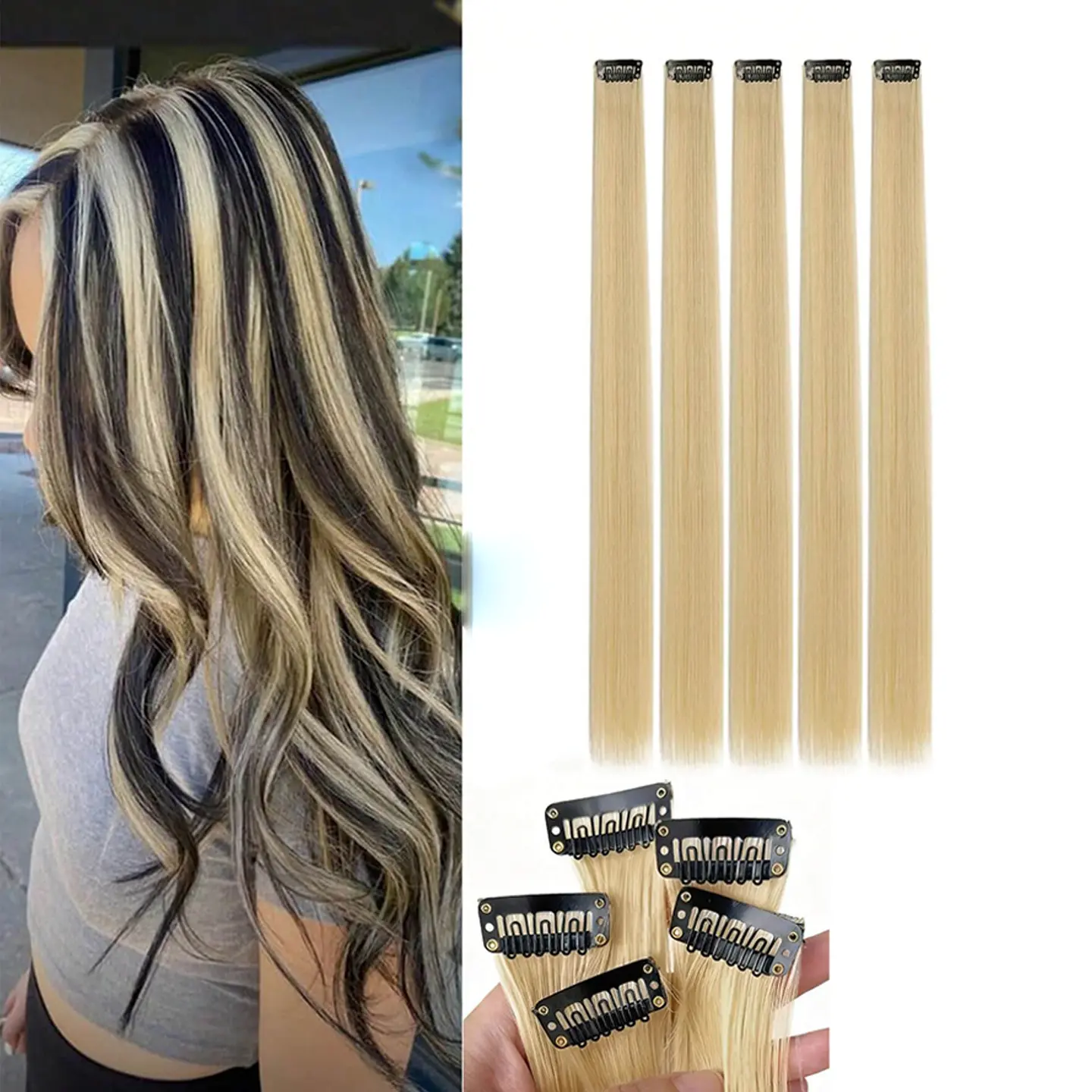 23in 6Pcs Single Clip Straight Hair Extensions, Aurora Purple Highlight Hairpieces, Colored Synthetic Hair Streaks for Ear Hanging Highlights, Fashion Party Cosplay Hair Accessories for Women Girls