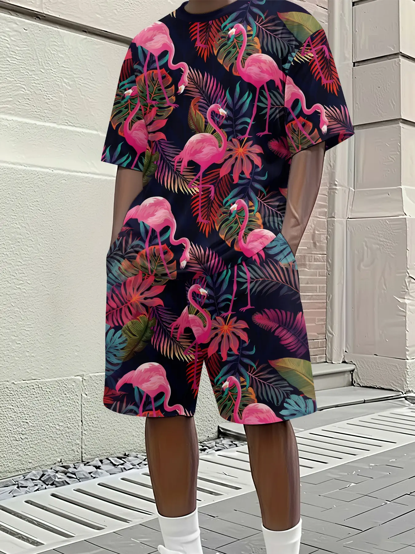 Men's 3D Digital Print Casual Short Sleeve Shorts Set, Fashion Tropical Flamingo Pattern, Slim-Fitting, All over Print, Plain Surface