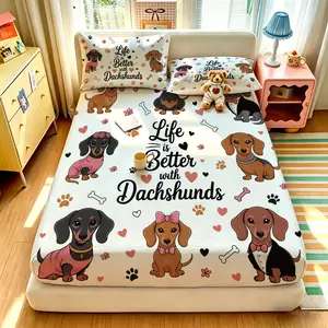 3pcs Cartoon Dachshund "Life is Better" Slogan Print Fitted Sheet Set, 1 Fitted Sheet + 2 Pillowcases, No Core, Soft Comfortable Deep Pocket Design Bed Cover for All Rooms