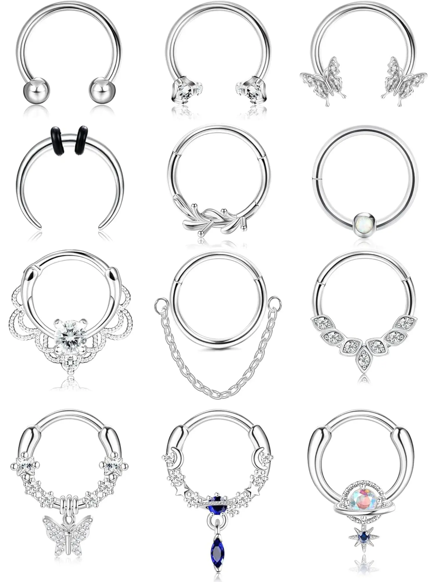 12Pcs 16G Septum Ring Stainless Steel Septum Clicker Nose Rings Hoop for Women Men CZ Opal Dangle Horseshoe Hinged Septum Jewelry Cartilage Daith Tragus Conch Piercing Jewelry 10mm