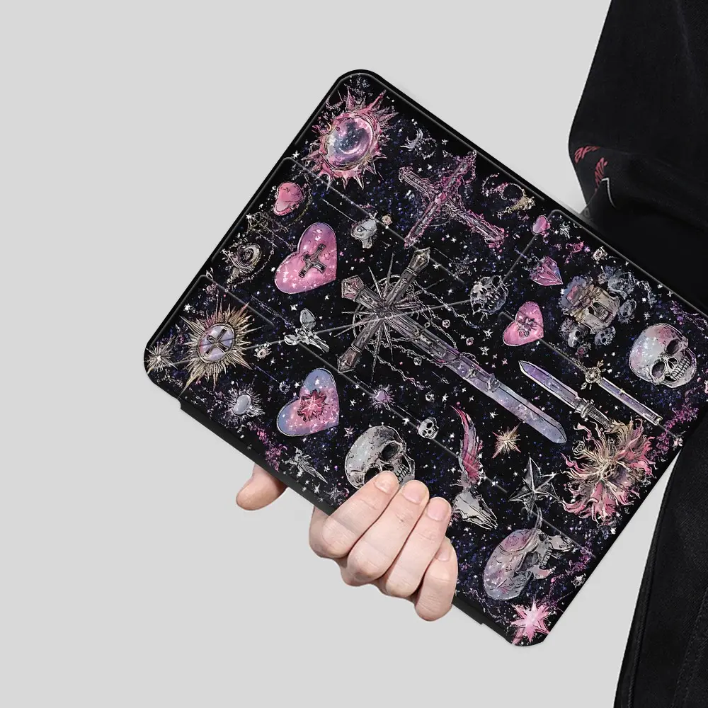 Pastel Goth Pink Skull iPad Case, Y-Fold Stand Protective Cover with Pencil Slot & Charging Port, Shockproof Anti-Scratch, Fits iPad 7.9/8.3/10.2/10.5/10.9/11/12.9 13 inch,Great for Home Reading & Casual Use