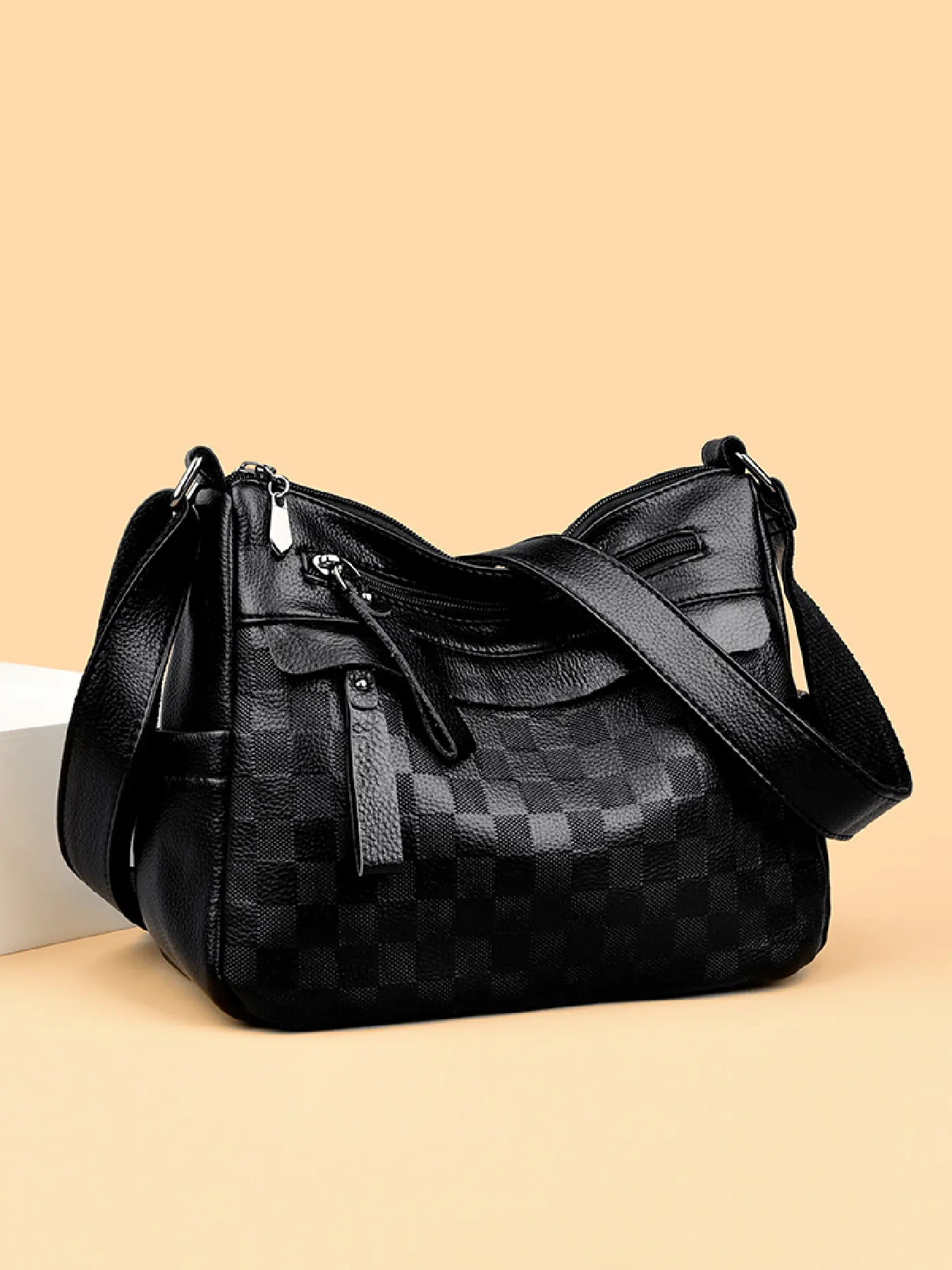 Simple and stylish plaid pattern multi-zipper multi-compartment crossbody bag, casual daily wear easy to match adjustable shoulder strap shoulder bag