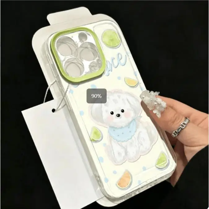 Cute Fluffy Puppy Lime Clear Space Phone Case, Kawaii Dog Transparent Soft Cover