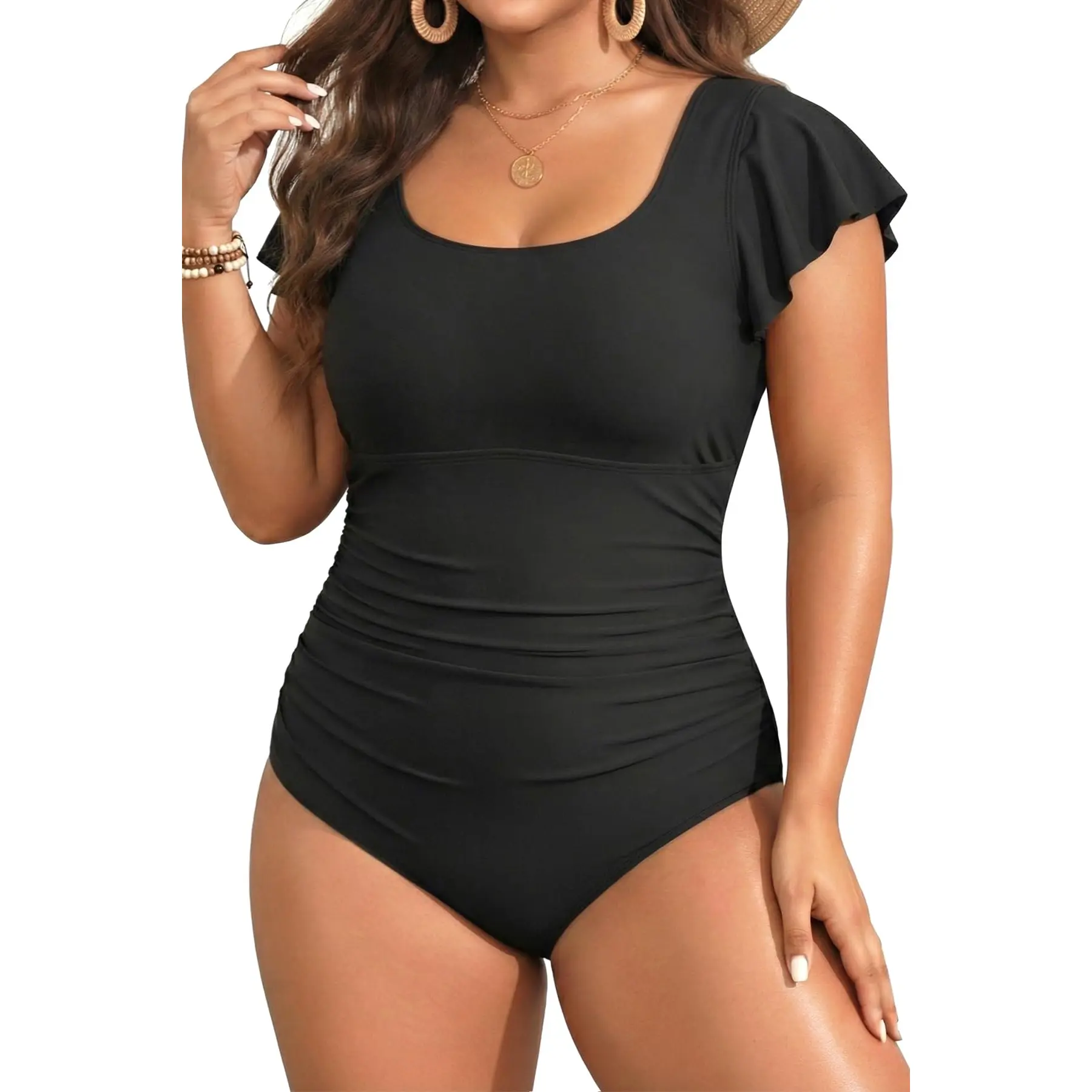 Daci Plus Size One Piece Swimsuit - Women Tummy Control Bathing Suit Ruffle Vintage Swimwear with Sleeves
