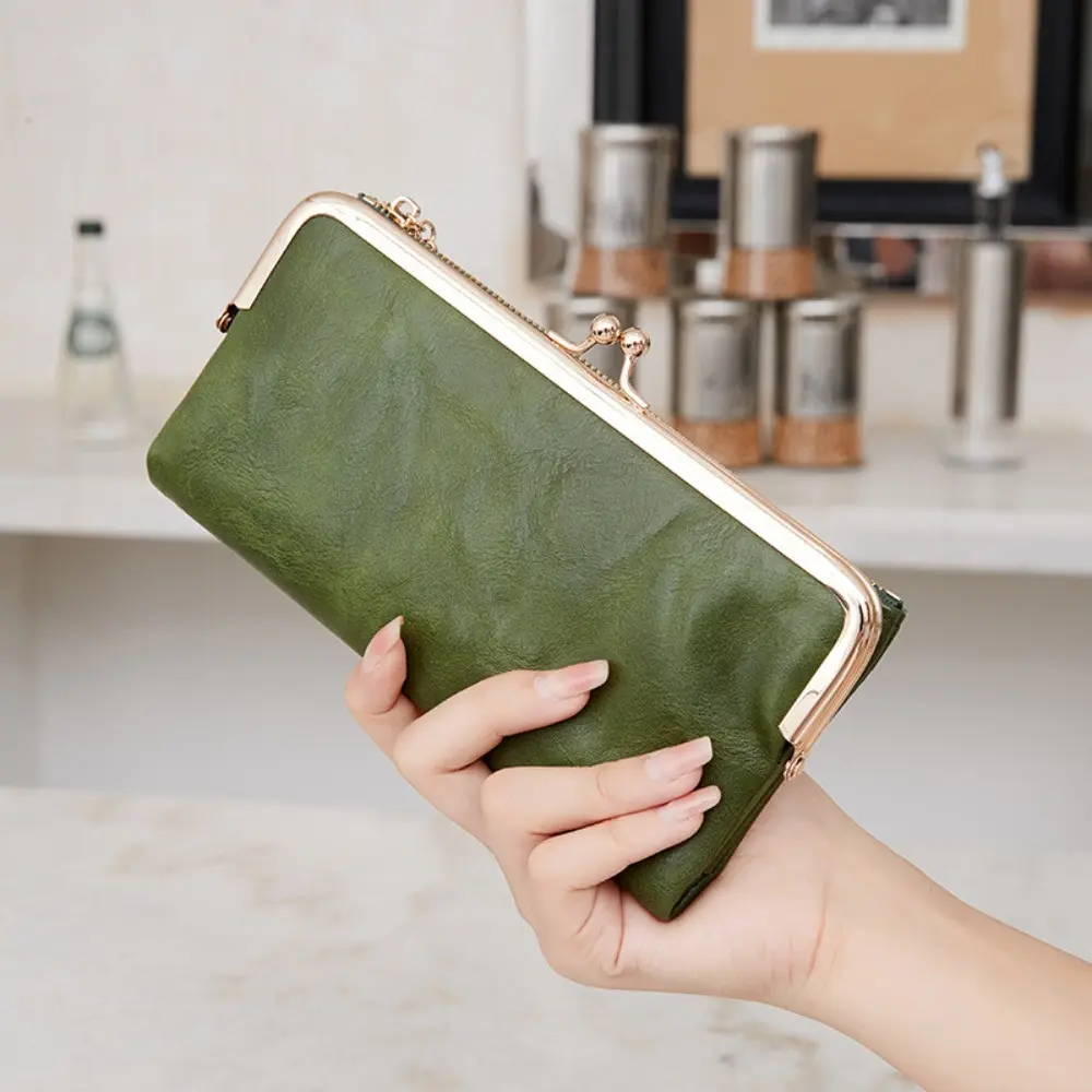 Women's Soft Wrinkle PU Leather Long Kiss Lock Clutch Wallet - Compact Card Holder with Coin Storage, Large Capacity for Phones, Vintage Daily Gift (Wallets for Women Lineup), Clutch Women's Wallets