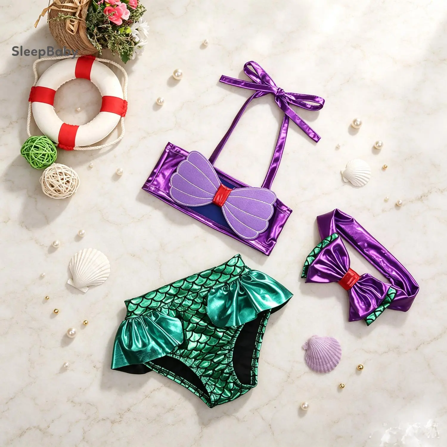 3-Pieces Girls' High Waist Mermaid Bikini Set - Lace-Up 3D Fish Scales Triangle Briefs, Bowknot Elastic Headband, Multi-Size Summer Beach Wear (Baby & Maternity Swimwear), Beachwear, Cotton