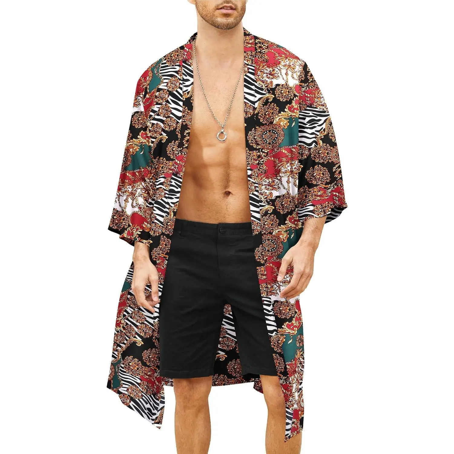Men's Lightweight Kimono Robe Jacket Printed Japanese Style Bathrobes Casual Open Front Long Cardigan Coat Outwear
