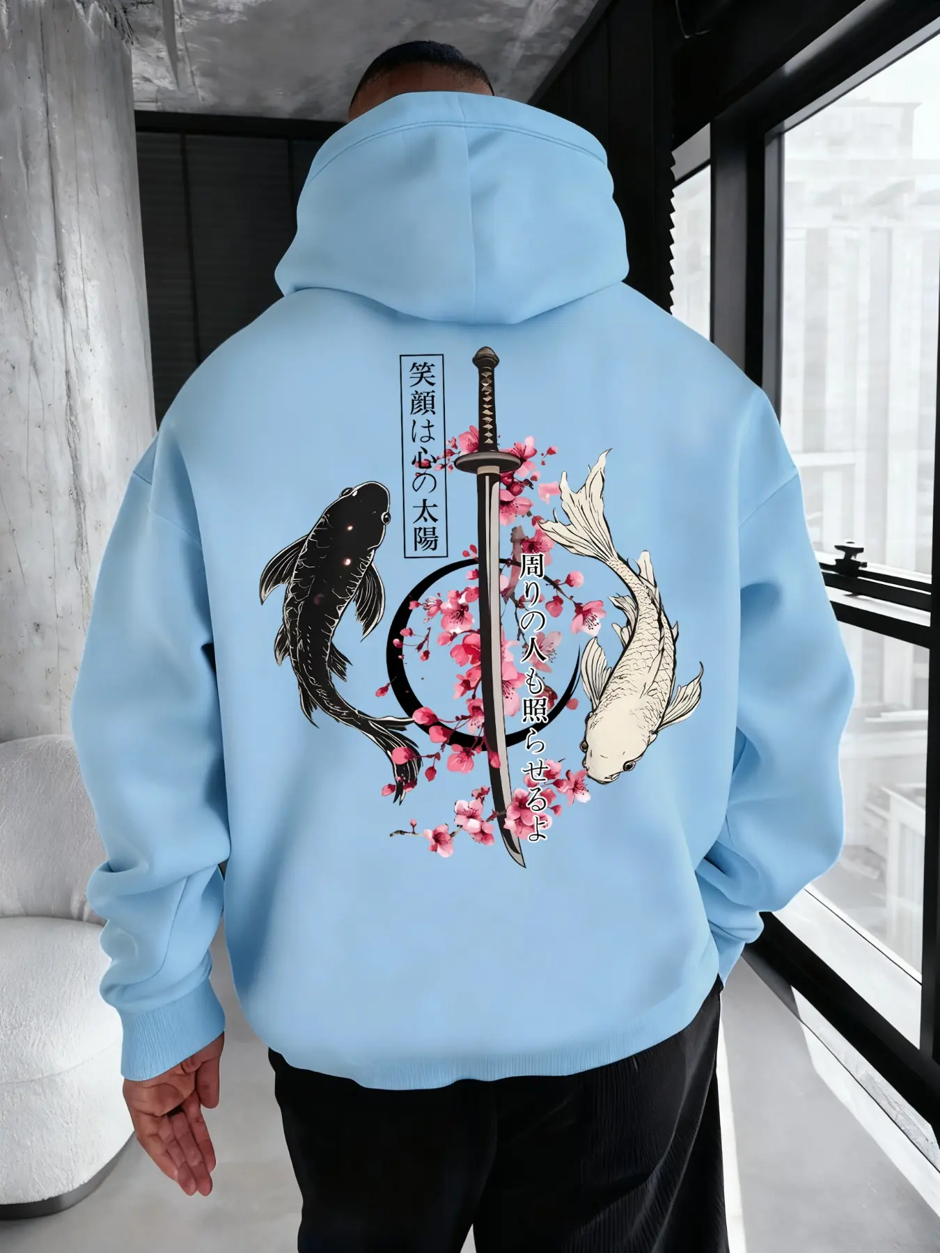 Men's Trendy Floral Fish and Sword Print Hoodie, Loose-Fit Casual Sweatshirt, Long Sleeve, All Seasons, Daily Fashion Wear, Casual Print Clothes
