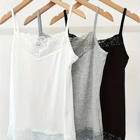 3-Pack Women's Soft Breathable Lace Trim Camisoles, Summer Wear, Solid Tank Top, Spaghetti Strap Slim-Fit Cami Tops, Basic Layering Tops for Daily Wear