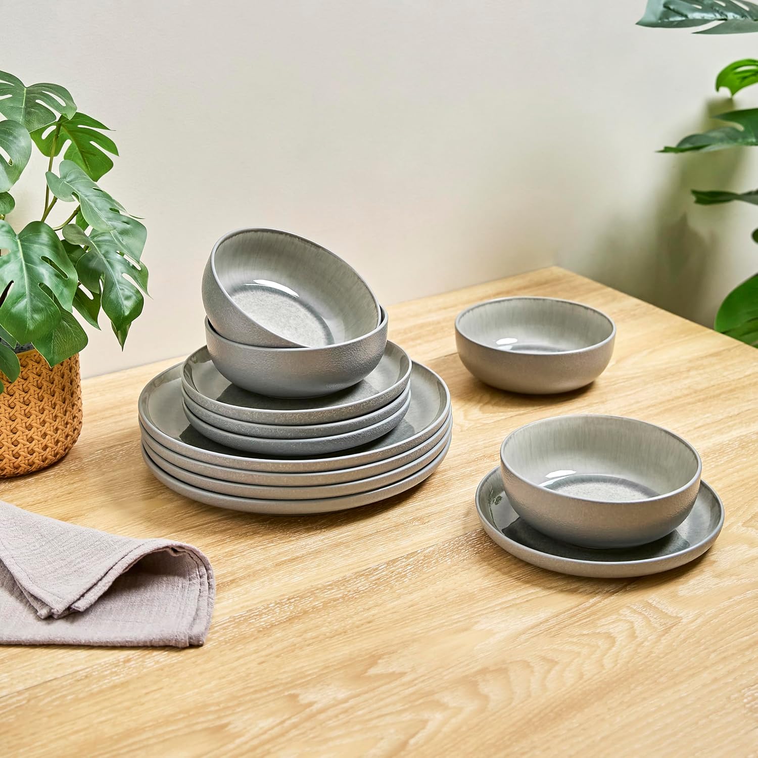 Asher 12- Stoneware Dinnerware Set for 4, Gray Ceramic Plates and Bowls Sets, Modern Dish Set with Reactive , Durable Kitchen Dishes for Casual Dining, Microwave & Dishwasher Safe Asher 12- Stoneware Dinnerware Set for 4, Gray Ceramic Plates and Bowls Sets, Modern Dish Set with Reactive , Durable Kitchen Dishes for Casual Dining, Microwave & Dishwasher Safe