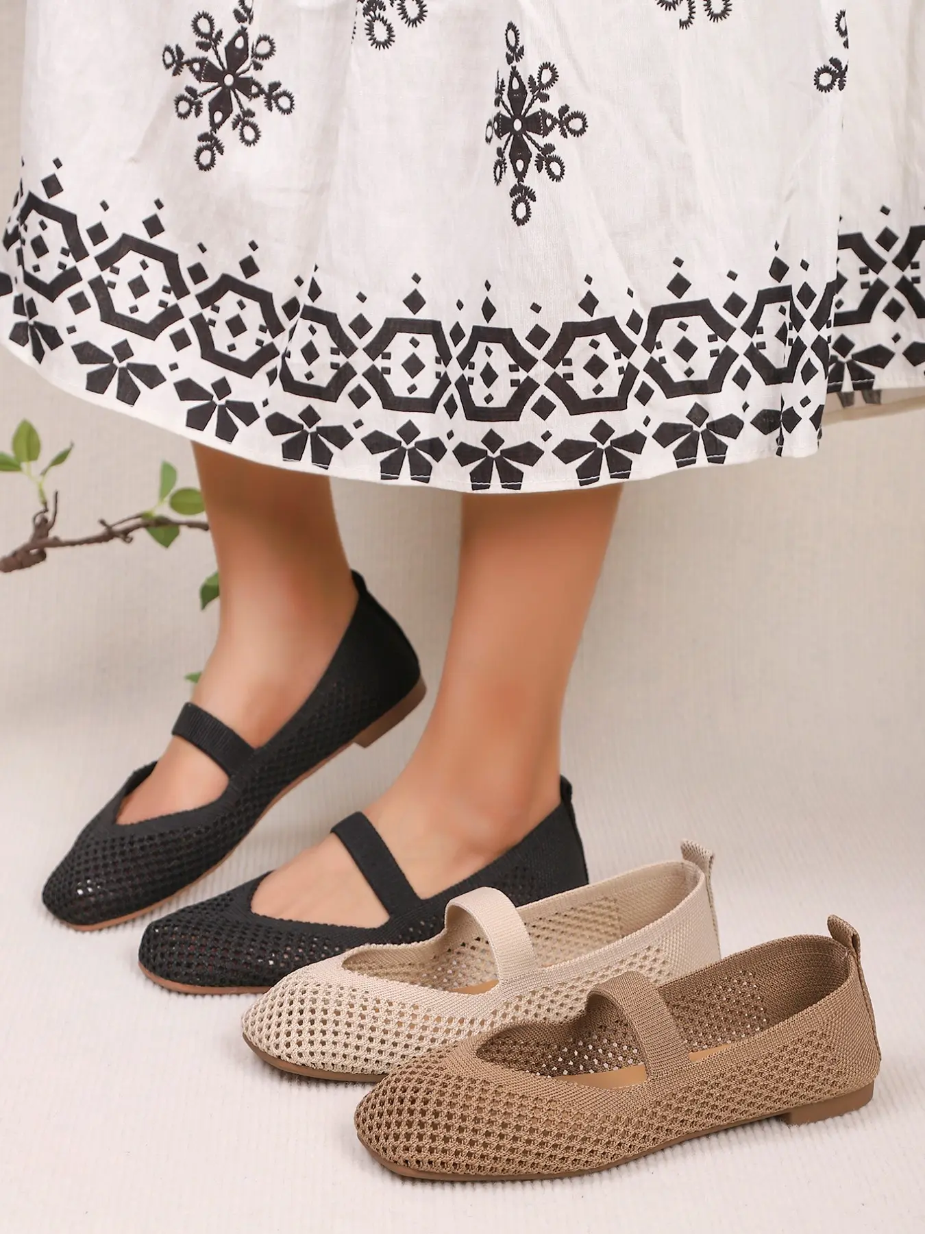 Women's Ballet Flat Shoes, Breathable Slip-On Mary Jane with Adjustable Straps, Comfortable Casual Textile Footwear Summer Flats for All Seasons