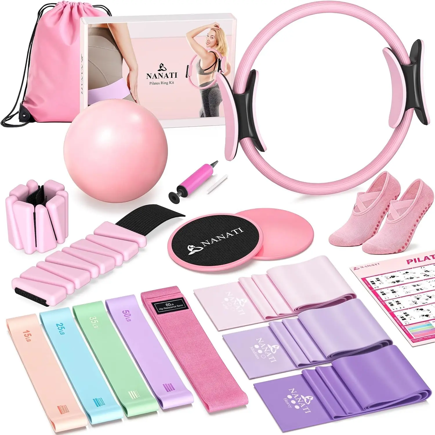 Pilates Kit, Home Pilates Workout Kit for Women, Pilates Equipment with 14.5" Pilates Ring and Ball, Resistance Bands, Ankle Weights, Sliders & Grip Socks for Home WorkoutsGift