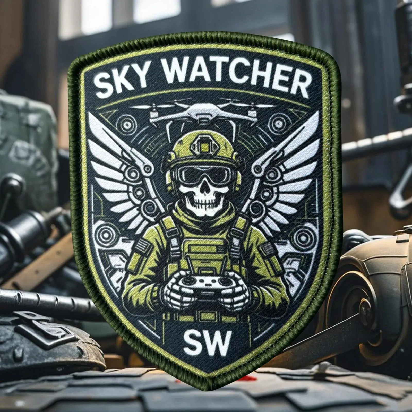 Sky Watcher Drone Operator Patch Skull Pilot UAV Tactical Morale Printed Hook and Loop Military Badge for Backpack Jacket Vest