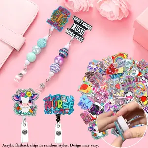 96pcs Beadable Badge Reel Kit, Mix 24 Acrylic Flatbacks, 12 Flat Clip Beadable Badge Reels, 6 Black + 6 White Rotating Alligator Clip Badge Reels, 48 Hook and Loop Dots, DIY Beaded Keychain Craft Set, Gift for Nurses Teachers Friends Office