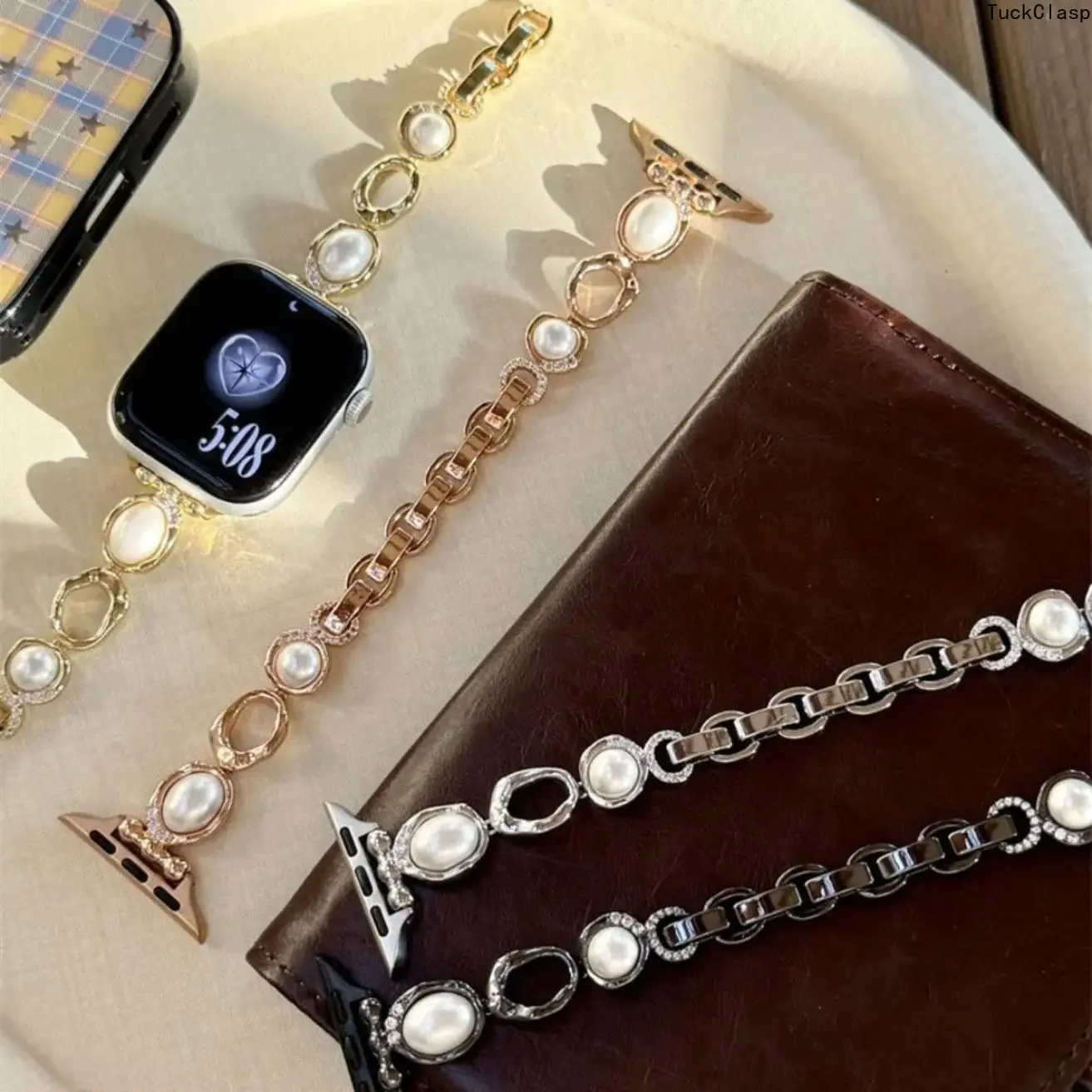 Pearl Rhinestone Copper Metal Watch Band Compatible with Apple Watch, Elegant Jewelry Wrist Strap, Delicate Luxury Accessory for Daily Casual, Dating & Party Wear (No Watch)