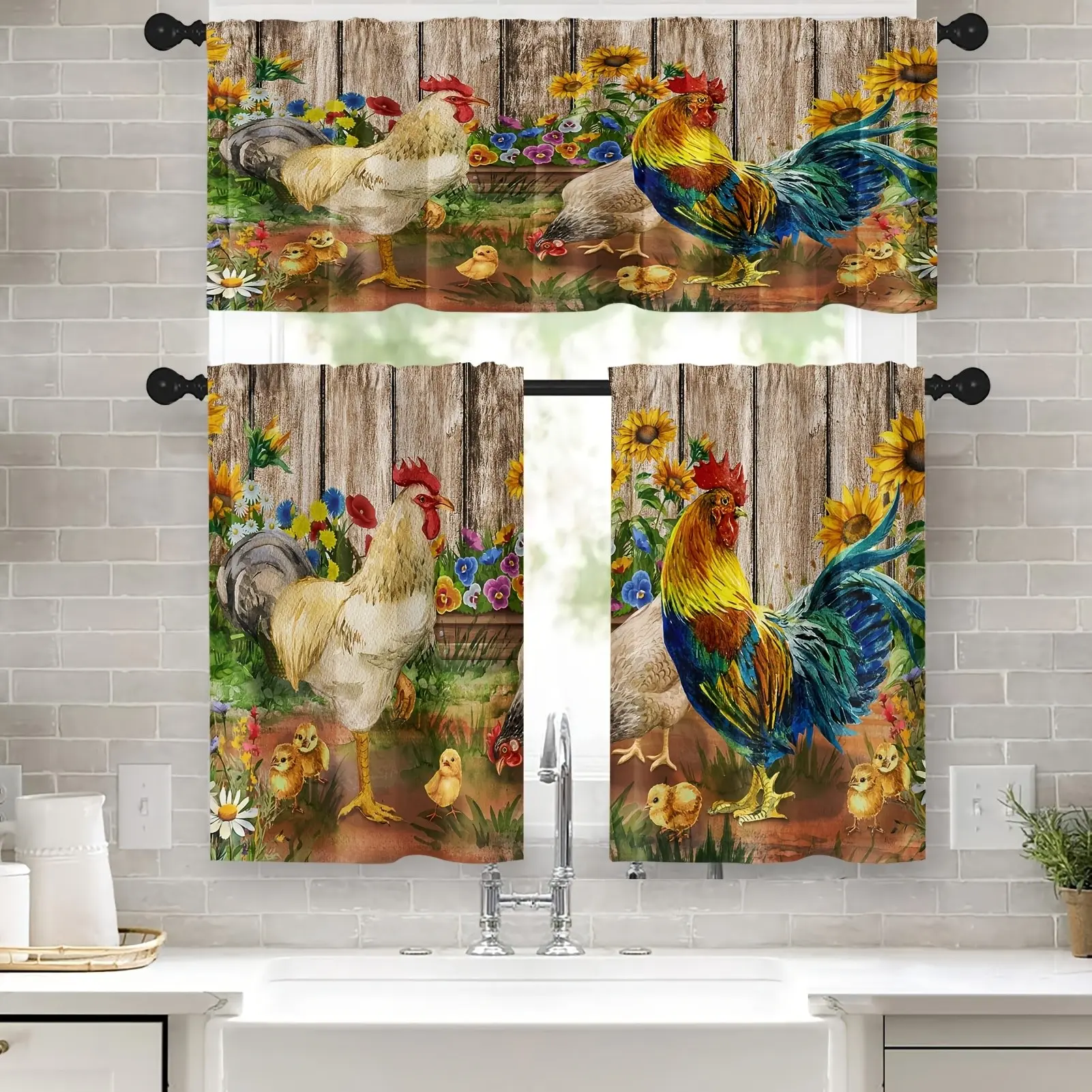3pcs Rooster Kitchen Window Curtains Valance And Tier Set 36 Inch Farmhouse Sunflowers Colorful Floral Rod Pocket Short Tier Curtain, Vintage Wood Rustic Small Drapes for Kitchen Decor