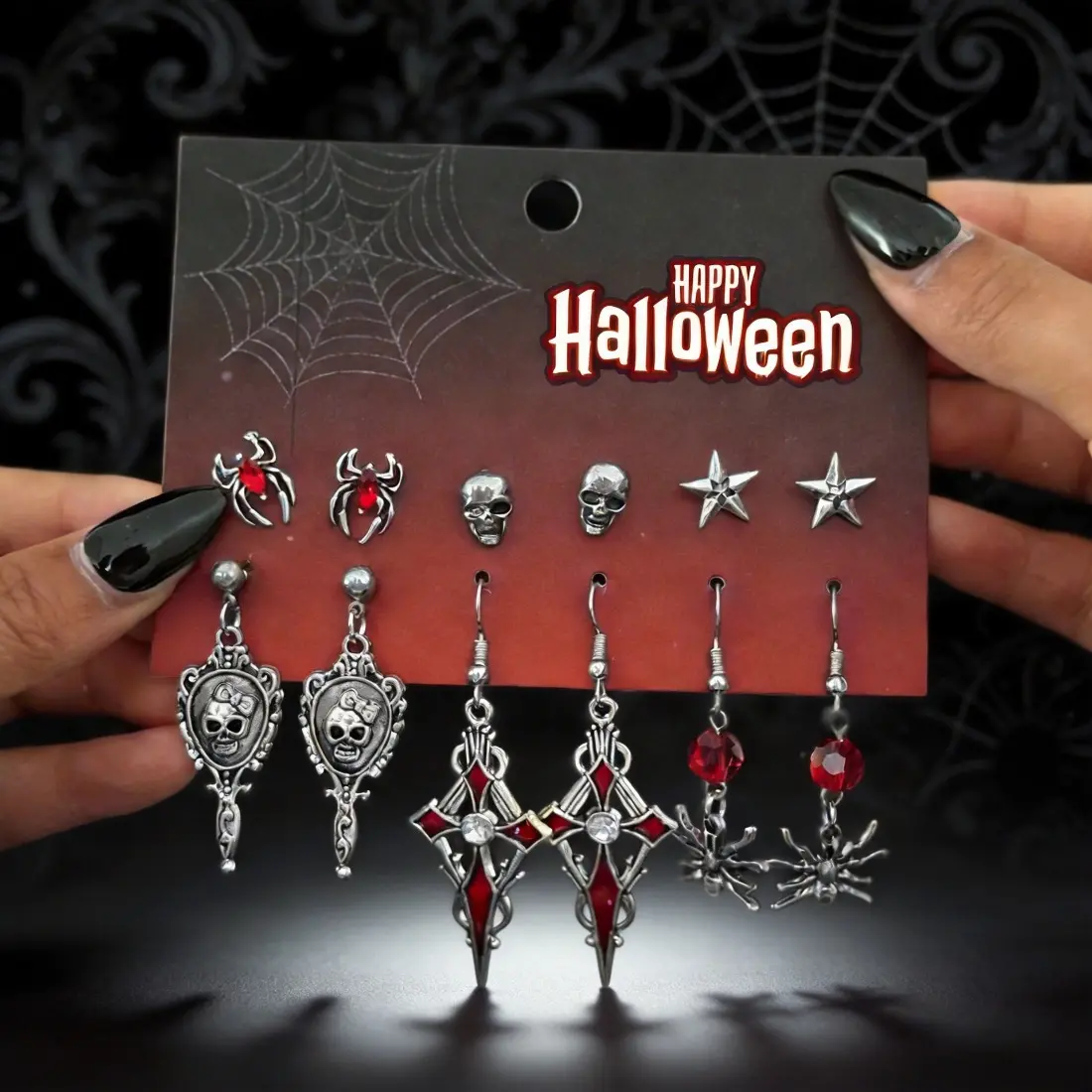 Dark Gothic Rose Composite Metal Cross Ear Pins Ghost Earrings Pendant Ornament Halloween Ear Ornament Accessories, Music, Party