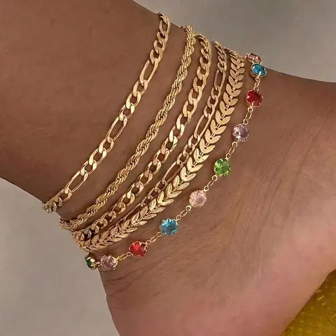 6pcs Gold-Layered Anklet Set for Women, Colorful Crystal Beaded & Cuban Chain Anklets, Stackable Beach Jewelry, Adjustable Boho Foot Chain for Daily Wear, Vacation, Party, Gift, Ankle Bracelets Set
