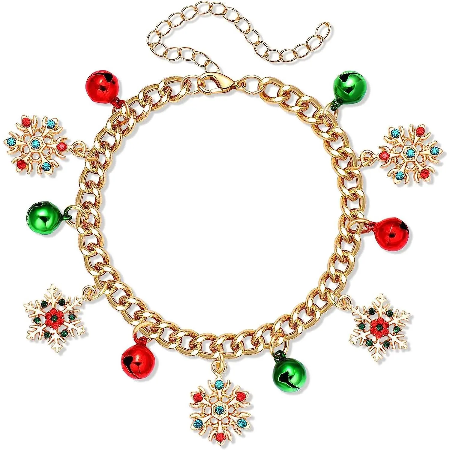 Christmas Snowflake Red Green Jingle  Link Bracelet for Women Dainty Cute  Plated Colorful CZ Chunky Adjustable Cuban Chain Winter  Tassel Charm Bracelets Anklet Xmas Holiday Party  Gifts Daughter BFF