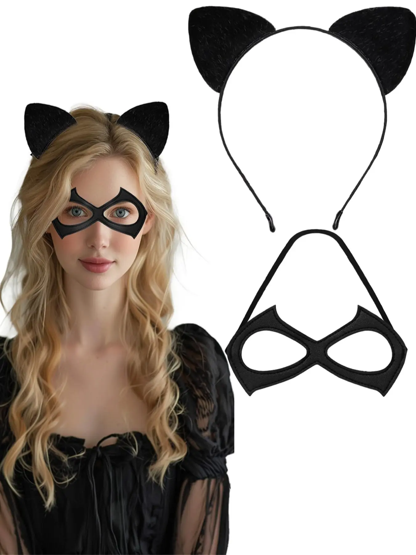 Cute Cat Ears Headbands & Half Cat Eye Costume Mask, Women's Masquerade Masks for Parties, Cosplay, Daily Wear, Adorable Cat Costumes