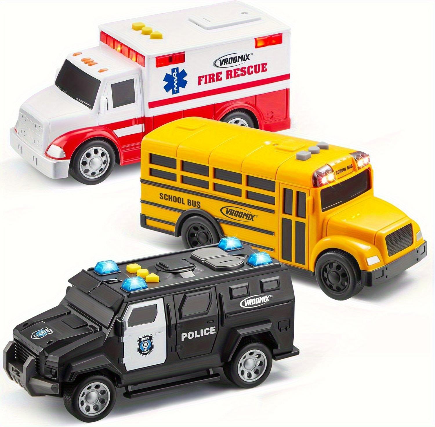 Friction-Powered Toy School Bus, Police Car, Ambulance & Student Bus with Lights & Sound Effects – Safe, Educational & Reliable, Ideal Gift for Boys & Girls