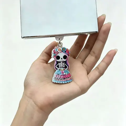 Halloween 2D Flat Acrylic Skull Flower Witch Phone Dust Plug, Creative Decorative Charging Port Cover for Type-C iPhone Android iPad AirPods Phone Decoration, Cell Phone Accessories