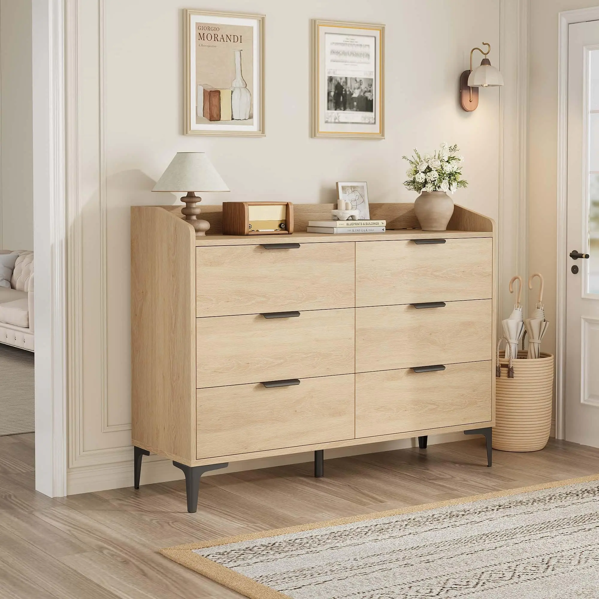 Garvee Modern 6-Drawer Dresser Storage Cabinet with Charging Station - Built-In Power Outlets & USB Ports - Deep Drawers, Adjustable Feet, Anti-Tip, Freestanding for Bedroom/Living Room