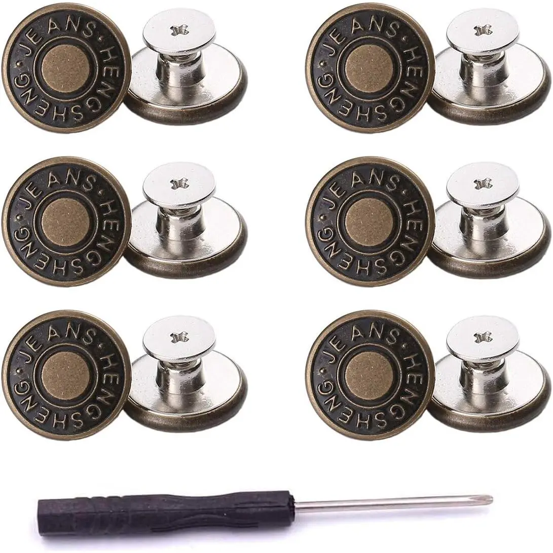 17 mm Buttons for Loose Jeans,12 Sets Jean Button  | No-Sew Nailess Removable Metal Jeans Buttons  Repair Combo Thread Rivets and Screwdrivers