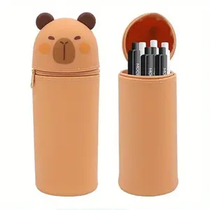 Two-In-One Soft Silicone Pen Case, Cute Water Buffalo Zipper Pen Bag, Standing Pen Holder or Desk Pen Tray, School/office Use, Large Capacity, Includes 6 Random Pens