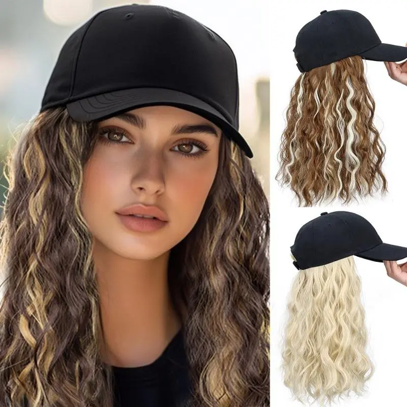 Women's Attached Long Curly Wavy Heat Resistant Synthetic Wig Baseball Cap, Realistic Fake Hair, Adjustable Strap for Daily Wear, Attached Wig