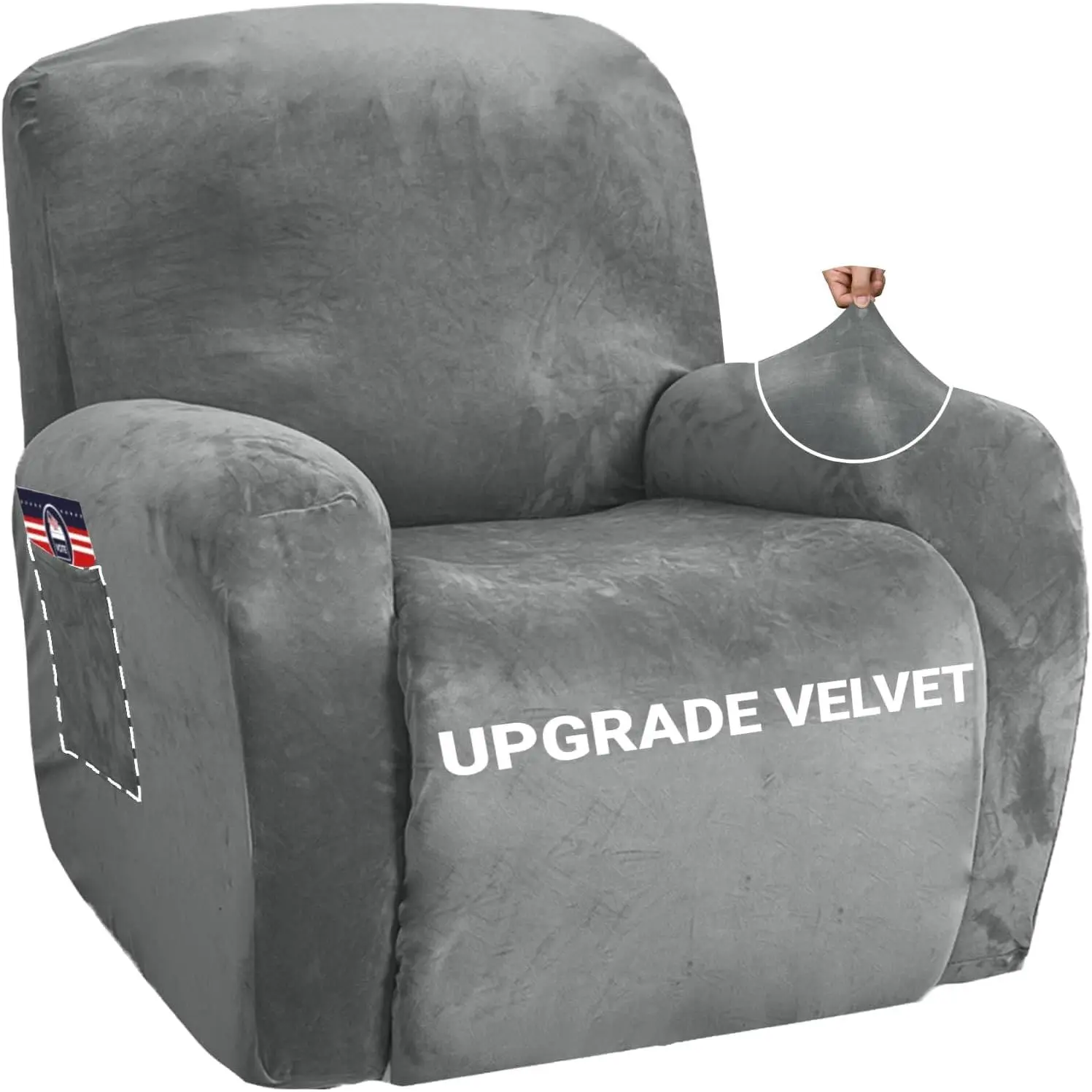 Stretch Velvet 4-Pieces Recliner Cover, Thick Soft Recliner Chair Slipcover with Pocket, Non-Slip Elastic Bottom for Kids & Pets, Luxury Plush Comfy Washable Reclining Protector (Grey)