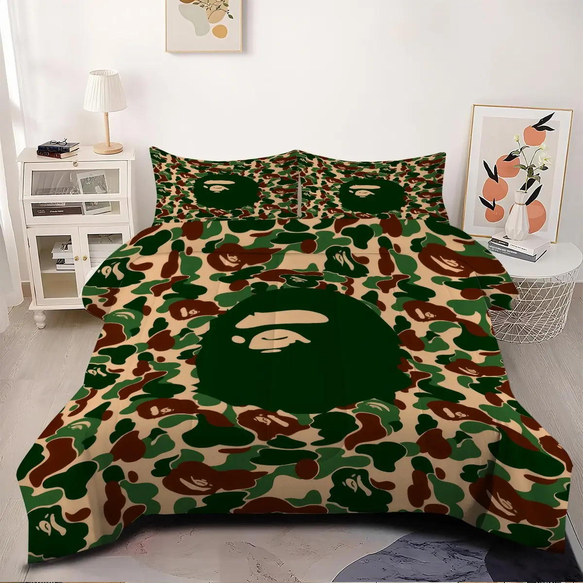 2/3-Piece Cartoon Ape Mascot Print Quilt Set, Classic Camouflage Print Bedding Set, Soft And Breathable Quilted Quilt With 1/2 Unfilled Pillowcase, Suitable For Teenagers And Adults' Bedroom Decor.