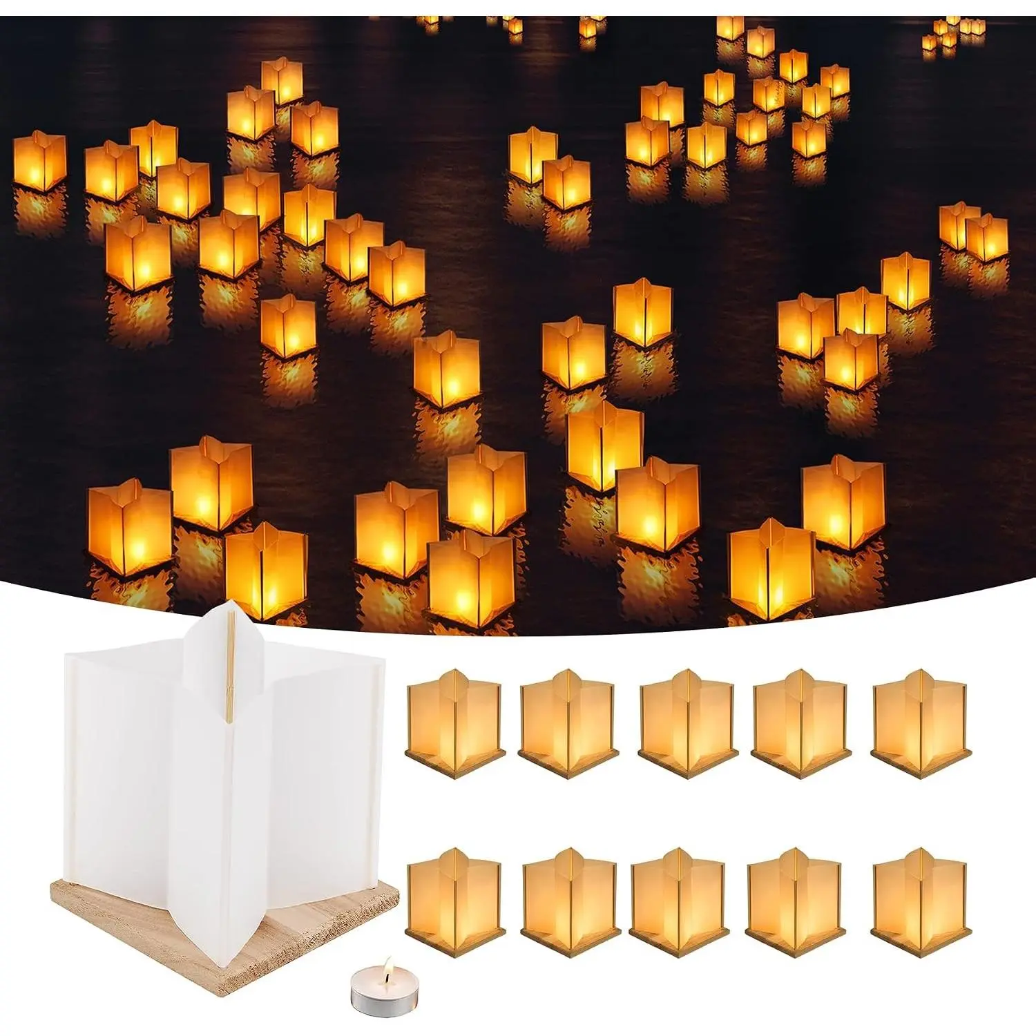 10Pack 6”Paper Floating Candle Lantern,Wooden Water Lanterns with Candles,Outdoor Patio Decor for Pool Parties,Wedding,Memorials,Garden (10Lanterns with Candles)