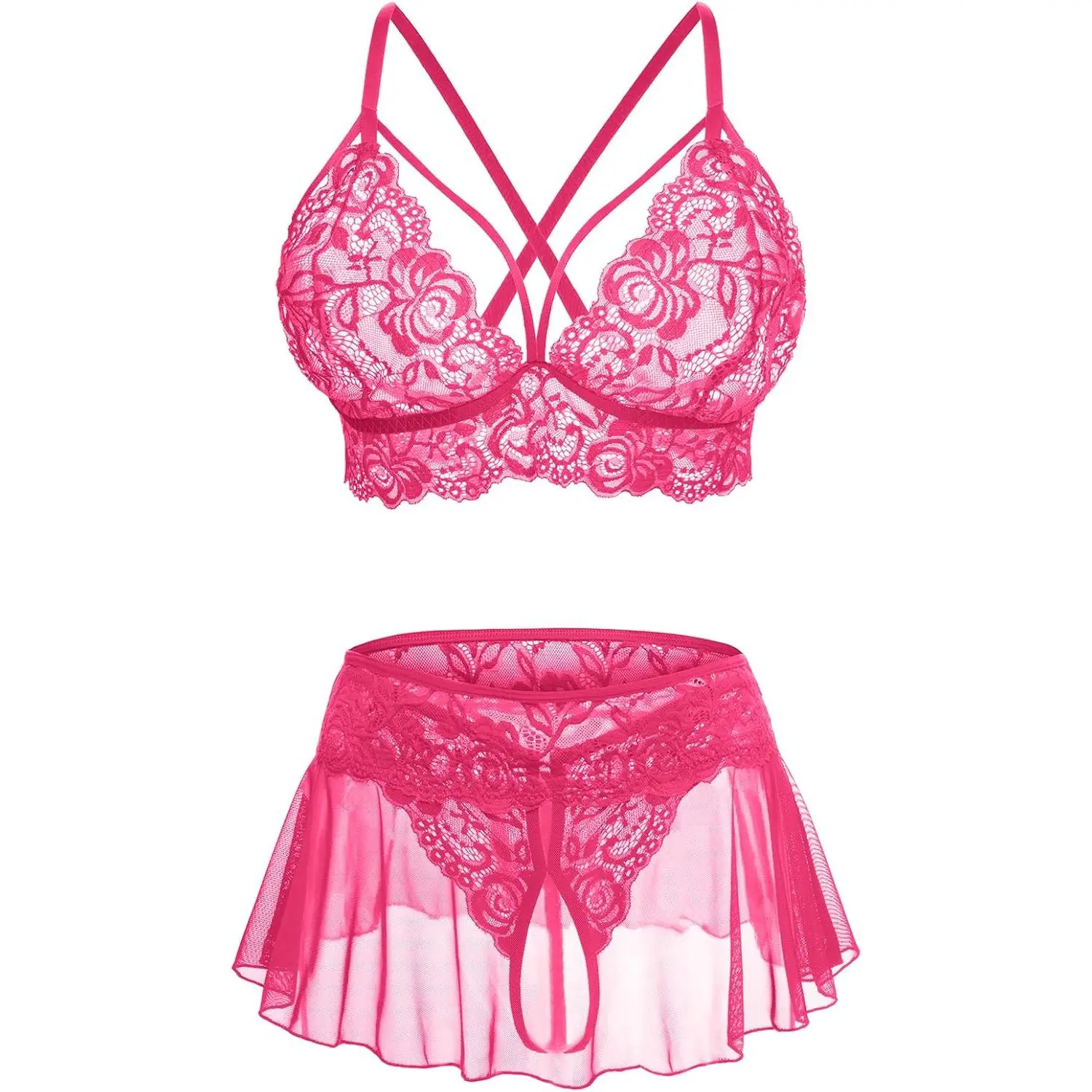 Lady's 3-Piece Naughty Wear Set Pack, Lace Fabric Bralette, Mini Skirt and Crotchless G-String Lingerie Outfit